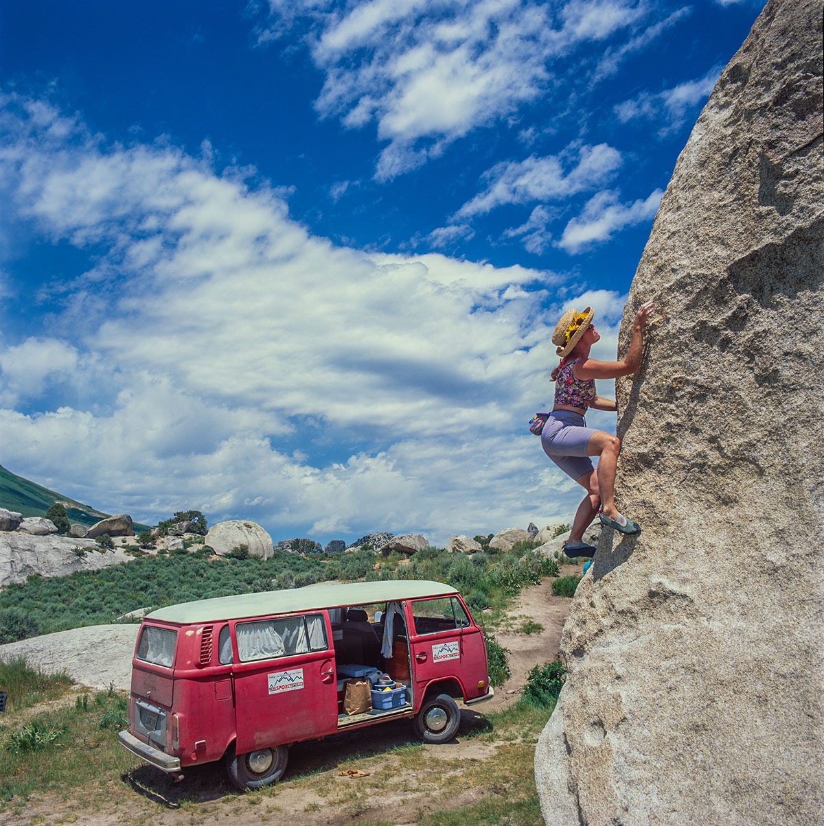 City of Rocks - VW van with climbing woman