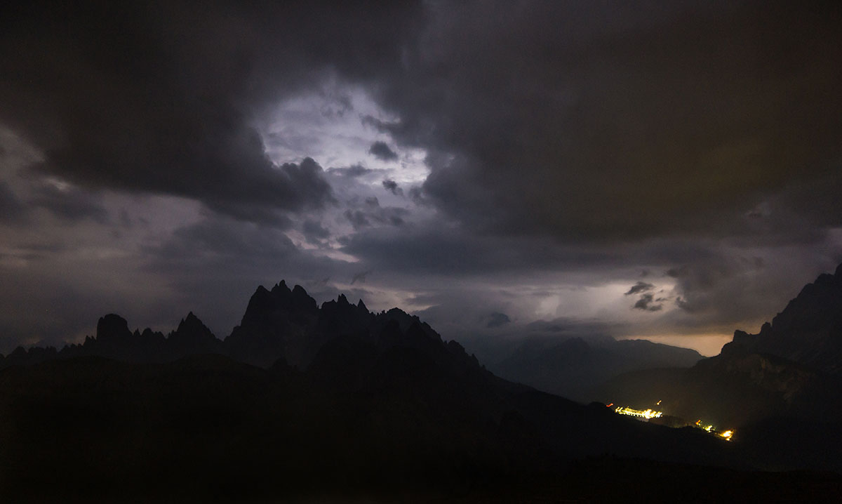 Night shot View of the M. Campedelle from the Auronzo Hotel during a thunderstorm