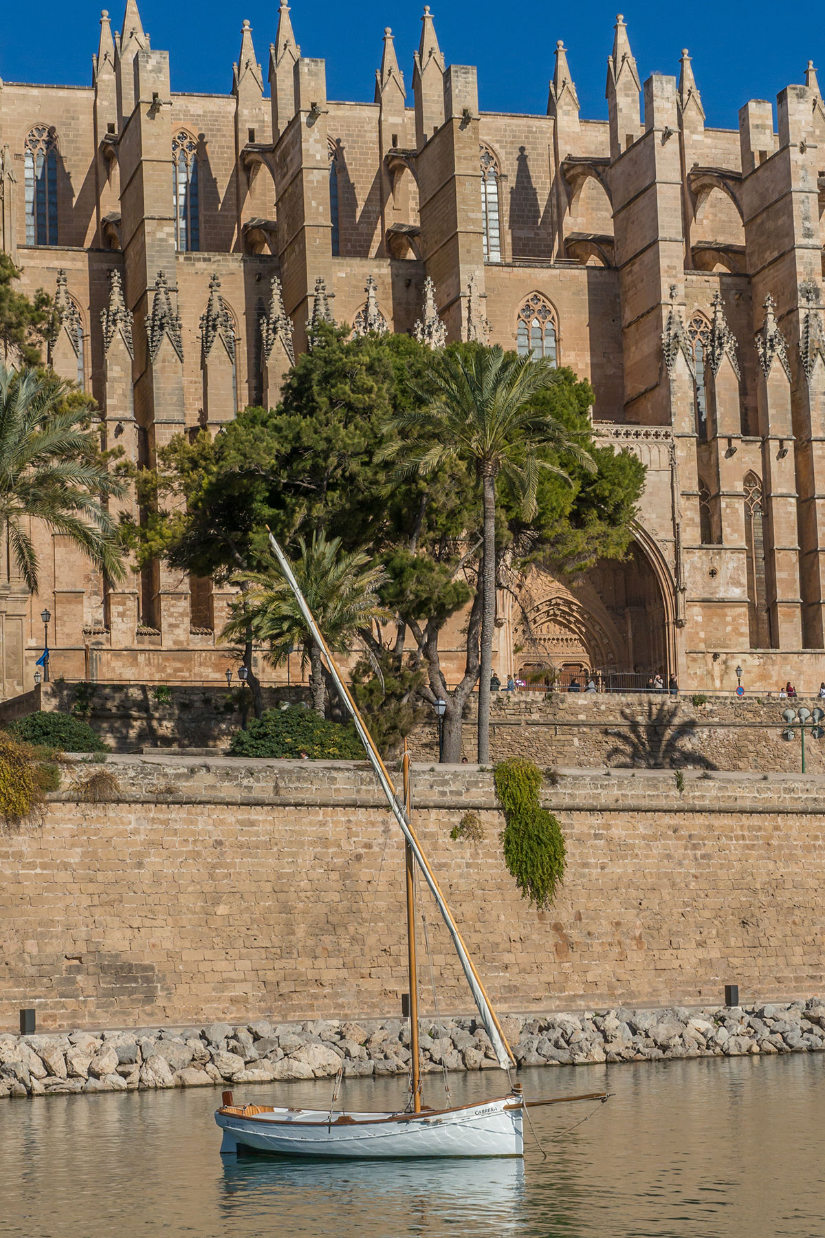 boat in front of the Catedral de Mallorca, Palma